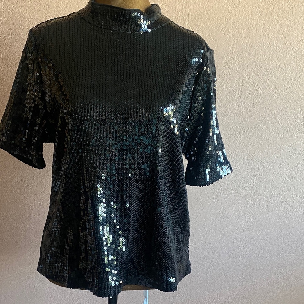 MICHAEL KORS Black Sequin Short Sleeve Top